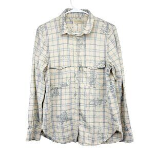 ZADIG & VOLTAIRE Cartoon Sketch Details Cream Plaid Shirt Blue Pink‎ Metallic M